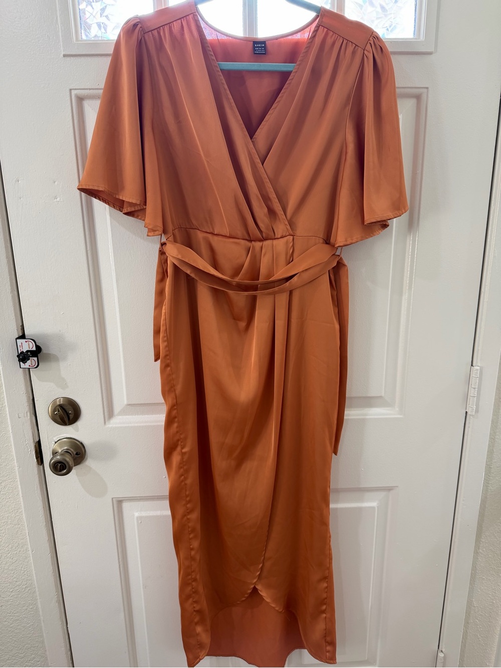 SHEIN L Rust Wrap Midi Dress with Tie Waist